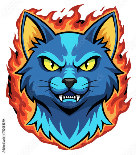 Fierce Feline Fury A Fiery Cartoon Cat Mascot with Burning Rage and Sharp Claws