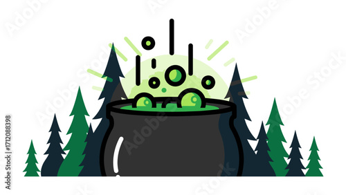 Cauldron of Mystery: An illustrated cauldron bubbles amidst a silhouette of pine trees, evoking a sense of mystical brewing and the unseen forces.