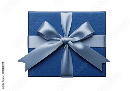 Isolated blue gift box with silver ribbon bow for celebrating Christmas or birthday