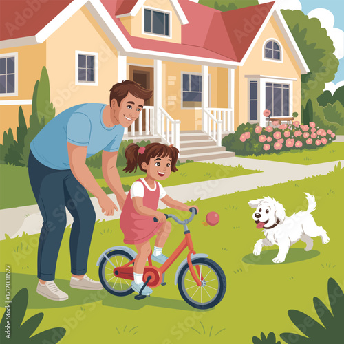 Father teaching daughter to ride a bicycle in front of a house riding