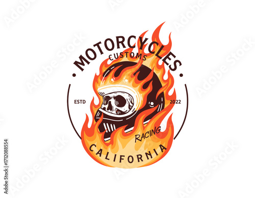 Custom Motorcycle Helmet with Flames and Skull Design, Retro California Racing Logo