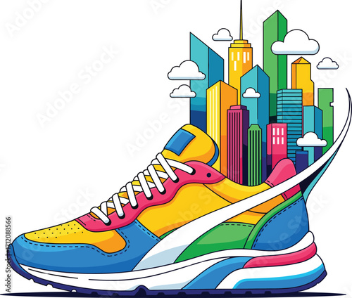 Colorful sneaker with cityscape vector blending urban architecture and streetwear fashion, symbolizing movement, lifestyle, identity, and metropolitan culture