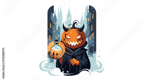 Evil Pumpkin Demon Holding Potion: A spooky Halloween illustration featuring a jack-o'-lantern with an evil grin, horns, and a cloak, holding a potion in front of a haunting cityscape.