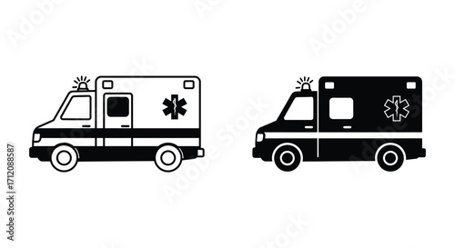 Two monochrome ambulance vehicle icons side by side medical transport
