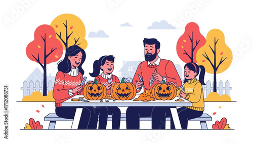 Halloween family carving pumpkins: A vibrant illustration shows a family creating jack-o'-lanterns together. Capturing the spirit of autumn, creativity, and togetherness.