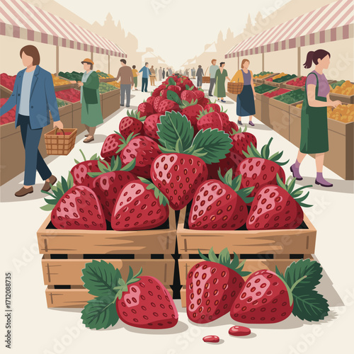 Fresh strawberries displayed at a bustling outdoor market with shoppers Keywords: strawberries