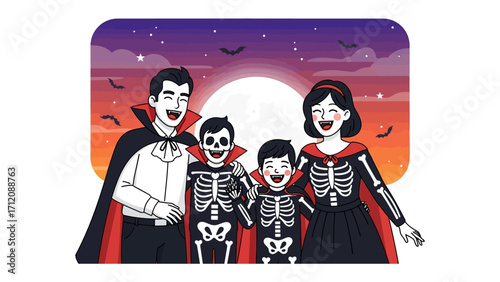 Halloween Family Portrait: A cheerful family dressed in vibrant Halloween costumes shares a moment of festive joy against a whimsical backdrop of a spooky night sky.