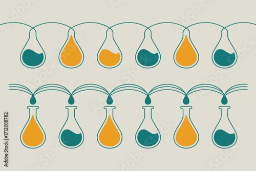 Illustration of beakers and flasks connected by lines with alternating color liquids inside them