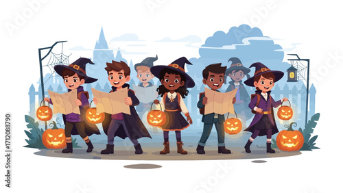 Halloween Gathering: A group of children, donned in Halloween costumes, eagerly explore a moonlit neighborhood, carrying lanterns and maps.