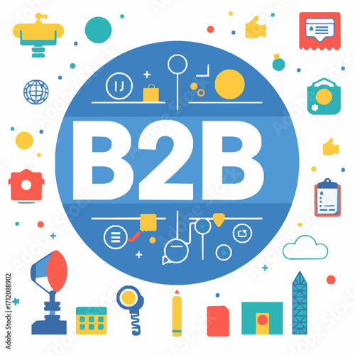 B2 B business concept with surrounding icons and elements Keywords: B2 B, business to business, commerce, trade, partnership, connection, network, communication, marketing, sales, strategy, growth