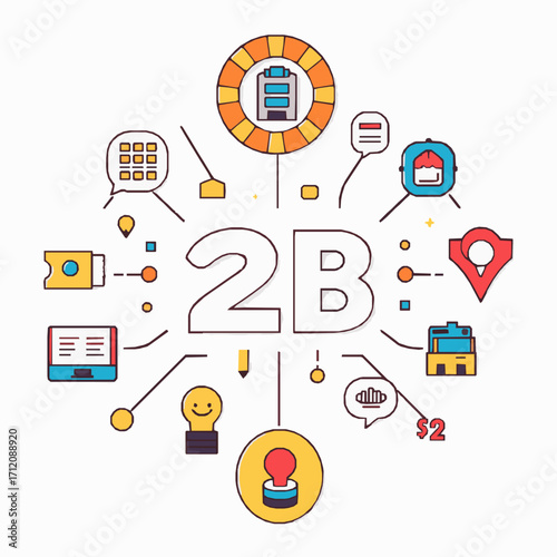 2B concept with connected icons and elements Keywords: 2B, two B, business, commerce, trade, partnership, connection, network, communication, marketing, sales, strategy, growth, development