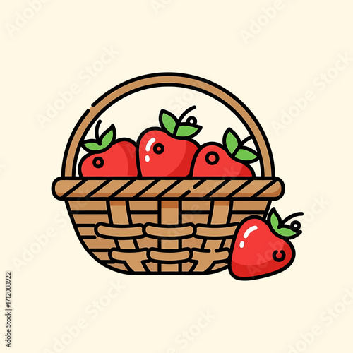 Strawberries resting in woven basket on cream colored surface, showcasing fresh produce and summer harvest in a simple, cheerful style.