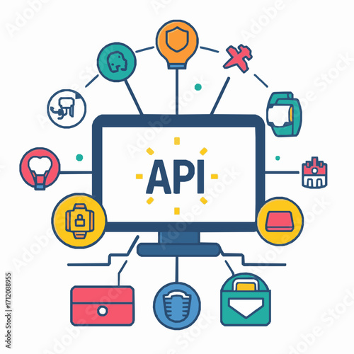 Computer monitor displaying API surrounded by diverse technology and service icons application programming interface