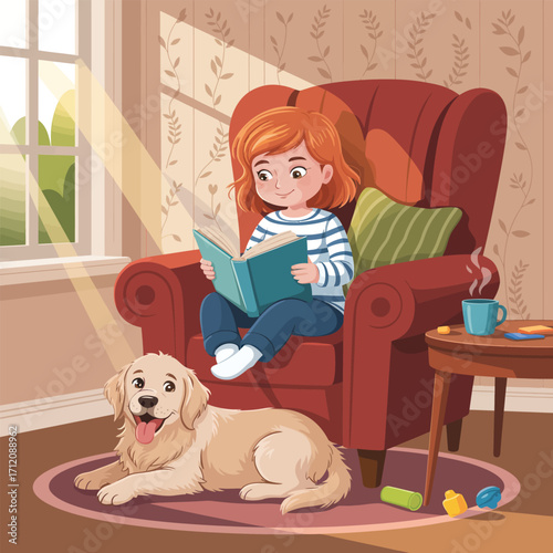 Girl reading a book in a cozy armchair with a golden retriever dog vector illustration