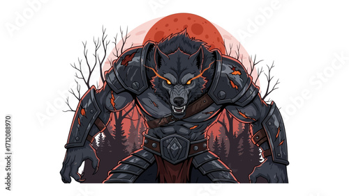 Enraged Werewolf: A formidable werewolf, poised with glowing eyes before a crimson moon and a haunting forest.