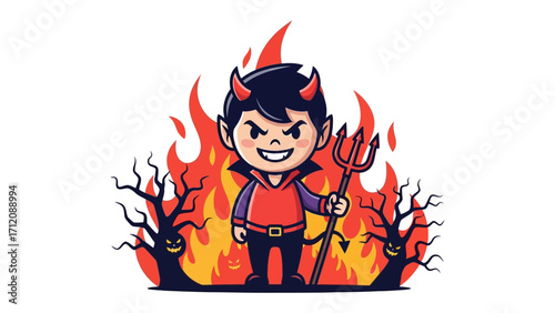 Cute Little Devil: A friendly little devil stands amidst the flames with a trident in hand, set against a dynamic and cartoonish backdrop.