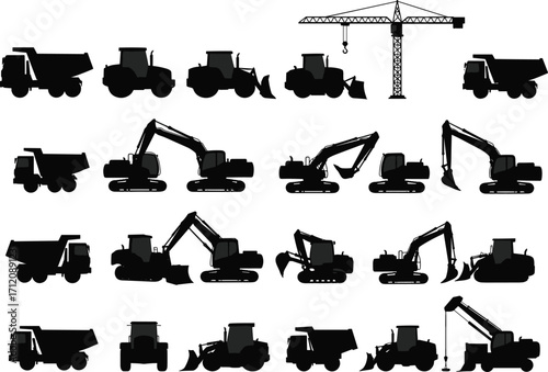 Silhouettes of construction vehicles, heavy machinery, excavators, bulldozers, cranes, dump trucks, loaders, industrial equipment, earthmoving machines, construction site tools, engineering icons