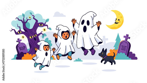 Happy Halloween : A whimsical and joyful illustration featuring playfully dressed figures celebrating the spirit of Halloween against a backdrop of spooky yet fun elements.