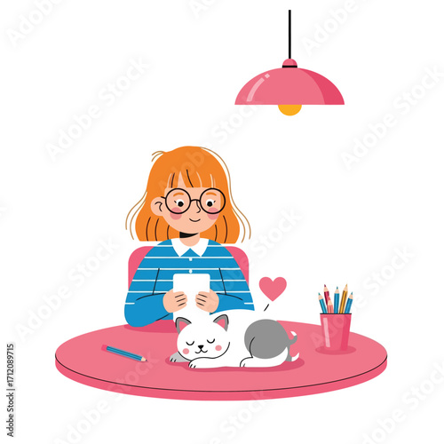 Cute Girl Writing Letter with Sleeping Kitten Cozy Home Office Creative Hobby Illustration