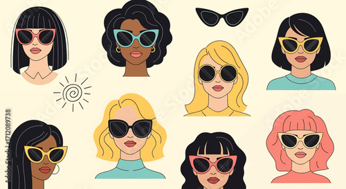 Diverse women wearing stylish sunglasses pose against a neutral backdrop, showcasing fashion and individuality with a modern, trendy vibe.