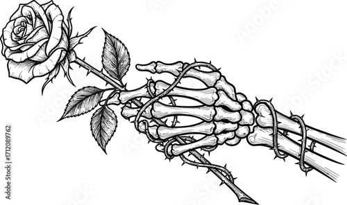 Skeleton hand gently holds a thorny rose, symbolizing mortality and beauty.