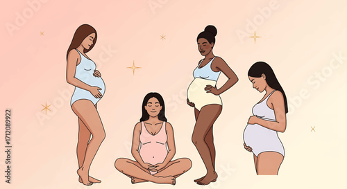 Diverse group of pregnant women posing in studio with hands on their bellies, embodying the joy and anticipation of motherhood.