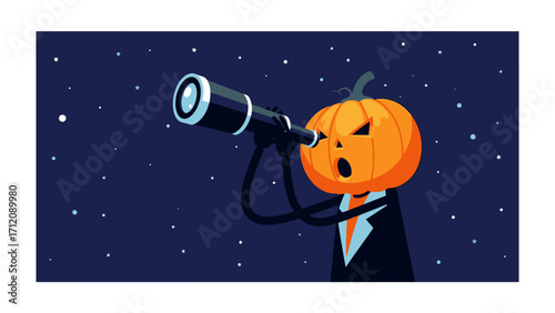 Pumpkin Head Stargazing: A whimsically illustrated character, embodying a Halloween spirit, peers through a telescope against a starlit backdrop. The scene creates a sense of curiosity.