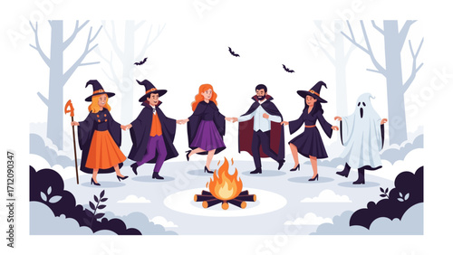 Halloween Gathering: A mystical, inviting illustration of a Halloween gathering featuring individuals dressed in costumes dancing around a lively bonfire.
