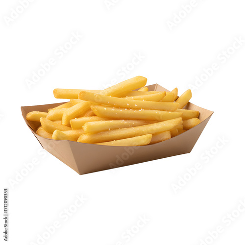 Golden French Fries in Brown Paper Boat on White Background