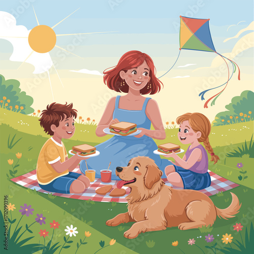 Mother and children enjoying a sunny picnic with their dog and kite family