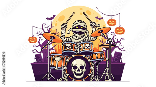 Spooky Beats: A Mummy Drummer rocking out on a full drum kit under a Halloween moon with pumpkins and bats.