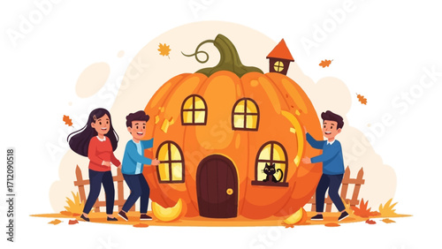Building a Pumpkin House for Fun: A playful scene unfolds as three youngsters enthusiastically construct a whimsical pumpkin house, inviting a sense of autumnal charm and creative fun.