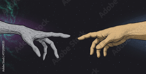 Vector illustration of an alien hand reaching toward a human hand, symbolizing contact between humanity and extraterrestrial intelligence. Perfect for science fiction projects or prints