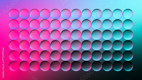 Rows of luminous glass spheres shine with neon pink blue gradient. Transparent glass balls arranged in geometric order radiates elegance, symmetry, digital minimalism and glowing futuristic  beauty