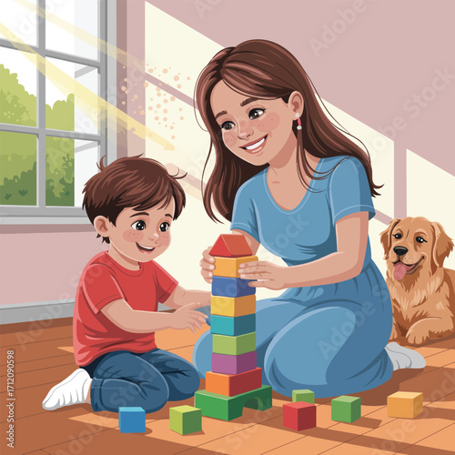 Mother and son playing with colorful building blocks with dog child