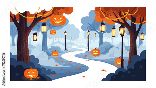 Spooky Halloween Night scene: An idyllic scene depicting Halloween night, with pumpkins, lanterns, pathway, and trees under a serene blue sky.