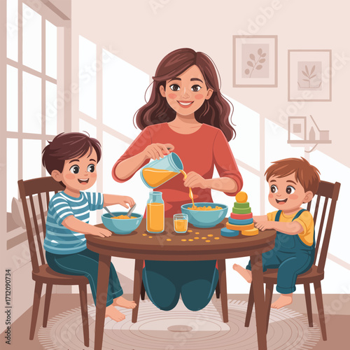 Mother pouring juice for children at breakfast table with toys Keywords: family, breakfast