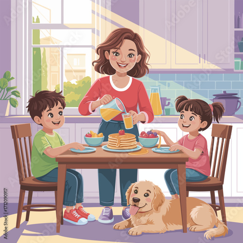 Mother pouring orange juice for children and dog at kitchen breakfast table family