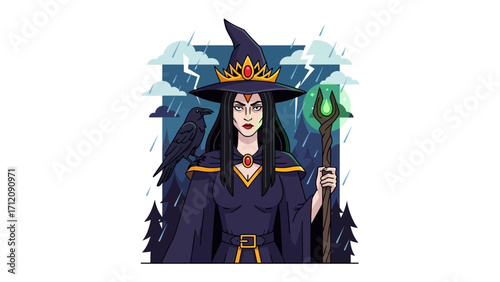 The Enigmatic Sorceress: A mysterious sorceress, adorned with regal crown and ominous raven companion, is set against a backdrop of storm clouds, her gaze both commanding and enigmatic. 