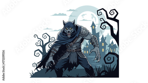 Mystical Werewolf Illustration: A chilling illustration depicting a snarling werewolf, posed menacingly against a backdrop of an eerie haunted house under a full moon.