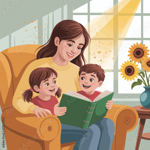 Mother reading a book to children in an armchair with sunflowers vector illustration