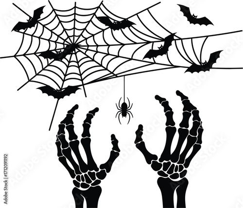 Spooky skeleton hands reach out under a web with flying bats and a dangling spider.