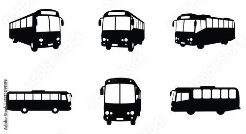 Black silhouette illustrations of various bus perspectives on a white background