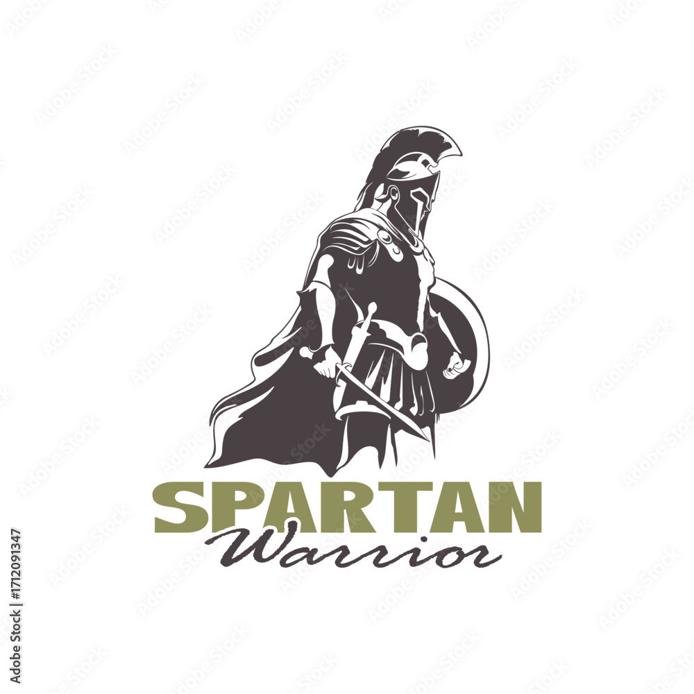 Fototapeta premium Spartan warrior with weapons and armor logo design vector. Spartan logo illustration template