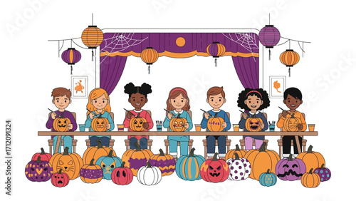 Children Carving Pumpkins: A cheerful group of children engaged in the festive tradition of carving pumpkins, demonstrating joy and creativity. perfect for holiday celebrations. 