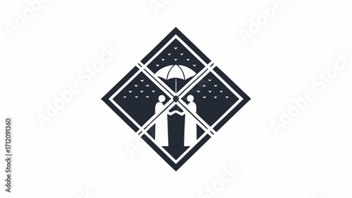 Two figures holding hands under an umbrella inside a diamond shape with rain like marks around it silhouette