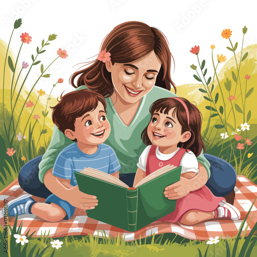 Mother reading a book to her children on a picnic blanket in a field of flowers family
