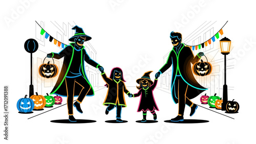 Halloween Family: A festive Halloween scene with two parents and two children, all in costumes, carrying jack-o'-lanterns and enjoying the holiday spirit, capture the essence of family fun.