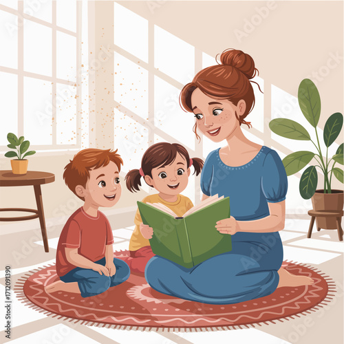 Mother reading a book to her children on a rug Keywords: family, mother, children, reading, book