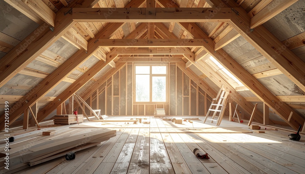 Obraz premium Sunlit unfinished attic framed with wooden beams, ready for renovation and new beginnings